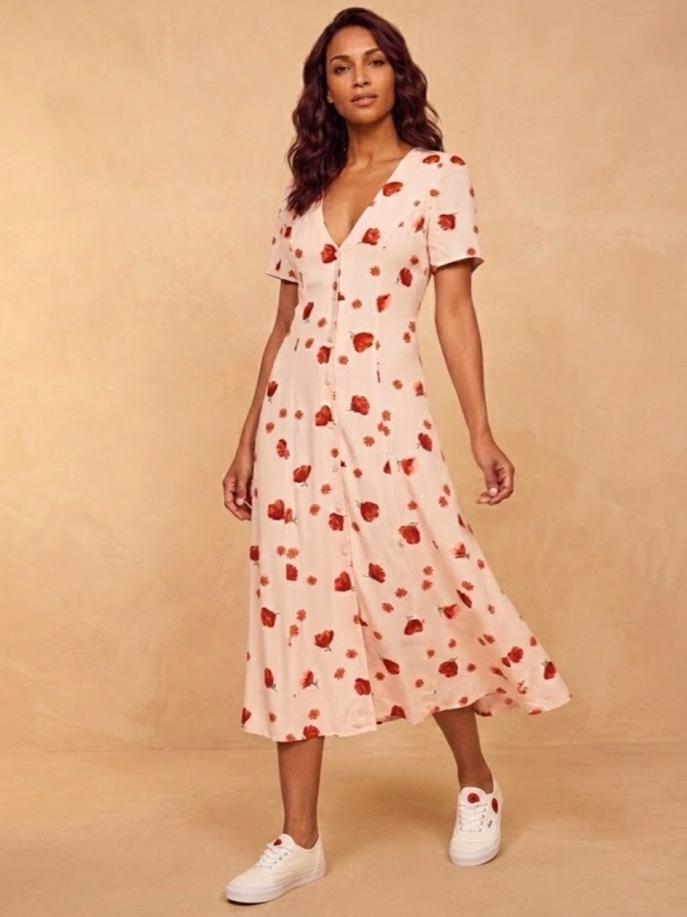 Reformation Floral Midi Dress Cream Red Print Button Front Cottagecore Size 4